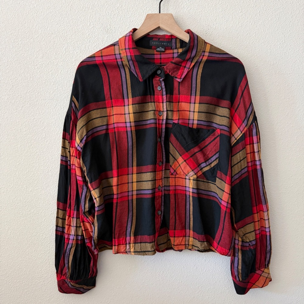 SANCTUARY Womens Shirt Plaid Button Down‎ Western Country Boho Fall Size XL
